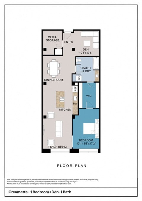 Floor plan for 1 bed, 1 bath, 1253 sqft